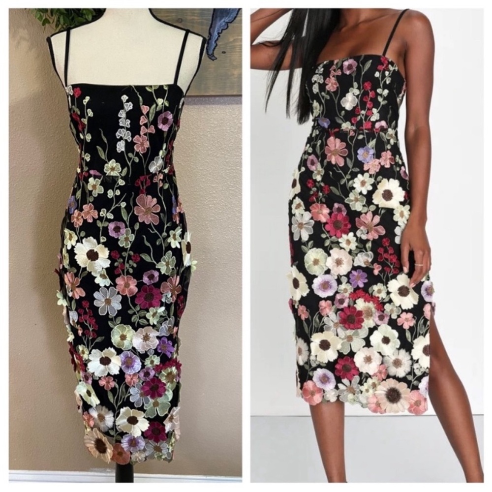 NWOT Lulus Thriving Energy Black 3D Floral Embroidered Lace-Up Midi Dress